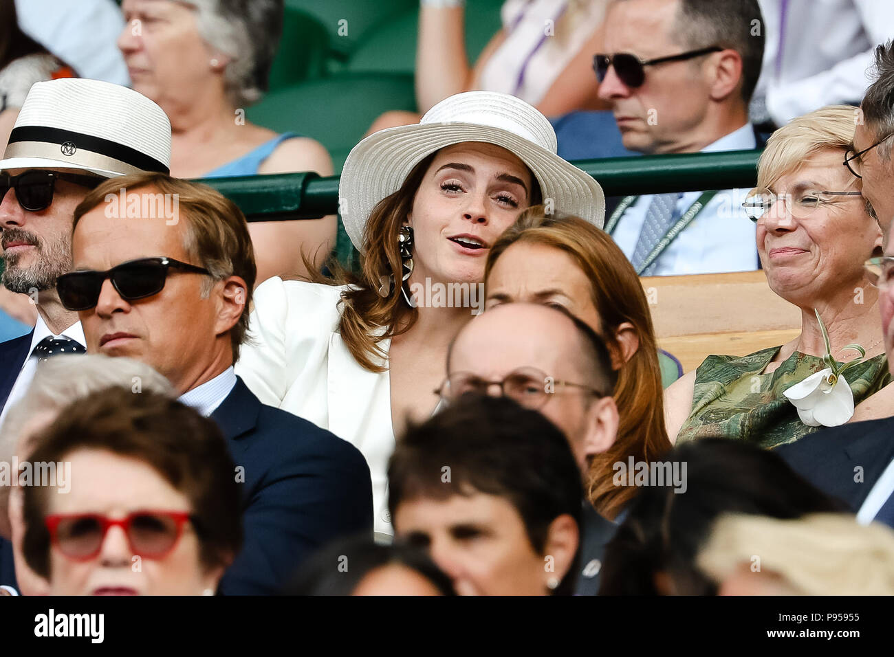 London, UK, 14th July 2018: Actress Emma Watson during the women's final at day 12 at the Wimbledon Tennis Championships 2018 at the All England Lawn Tennis and Croquet Club in London. Credit: Frank Molter/Alamy Live news Stock Photo