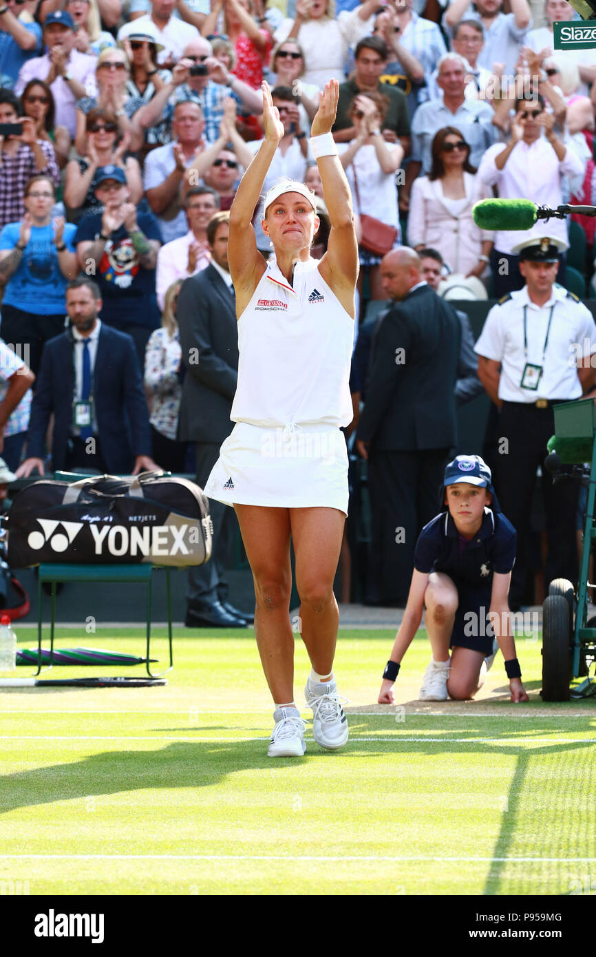 London, UK. 14th July 2018. Angelique Kerber celebrates winning in the  Angelique Kerber and Serena Williams final. Ladies Finals Day, Day 12  Wimbledon Tennis The Championships, Wimbledon, London, on July 14, 2018.