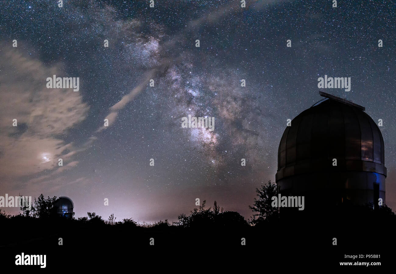 Domes of small telescopes in an observatory in the background of the
