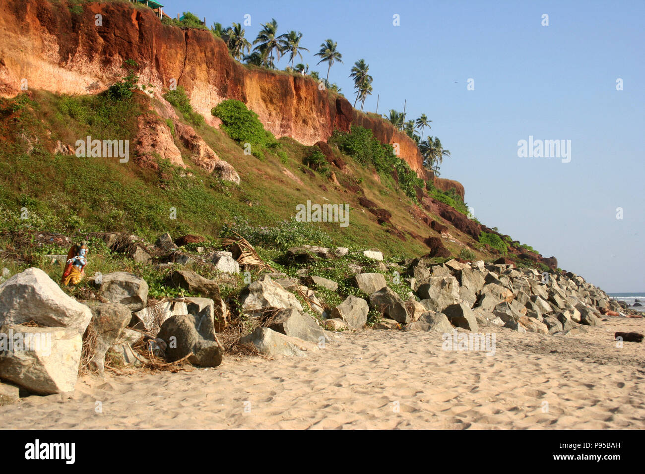Red Cliffs and Beach, Varkala Stock Photo