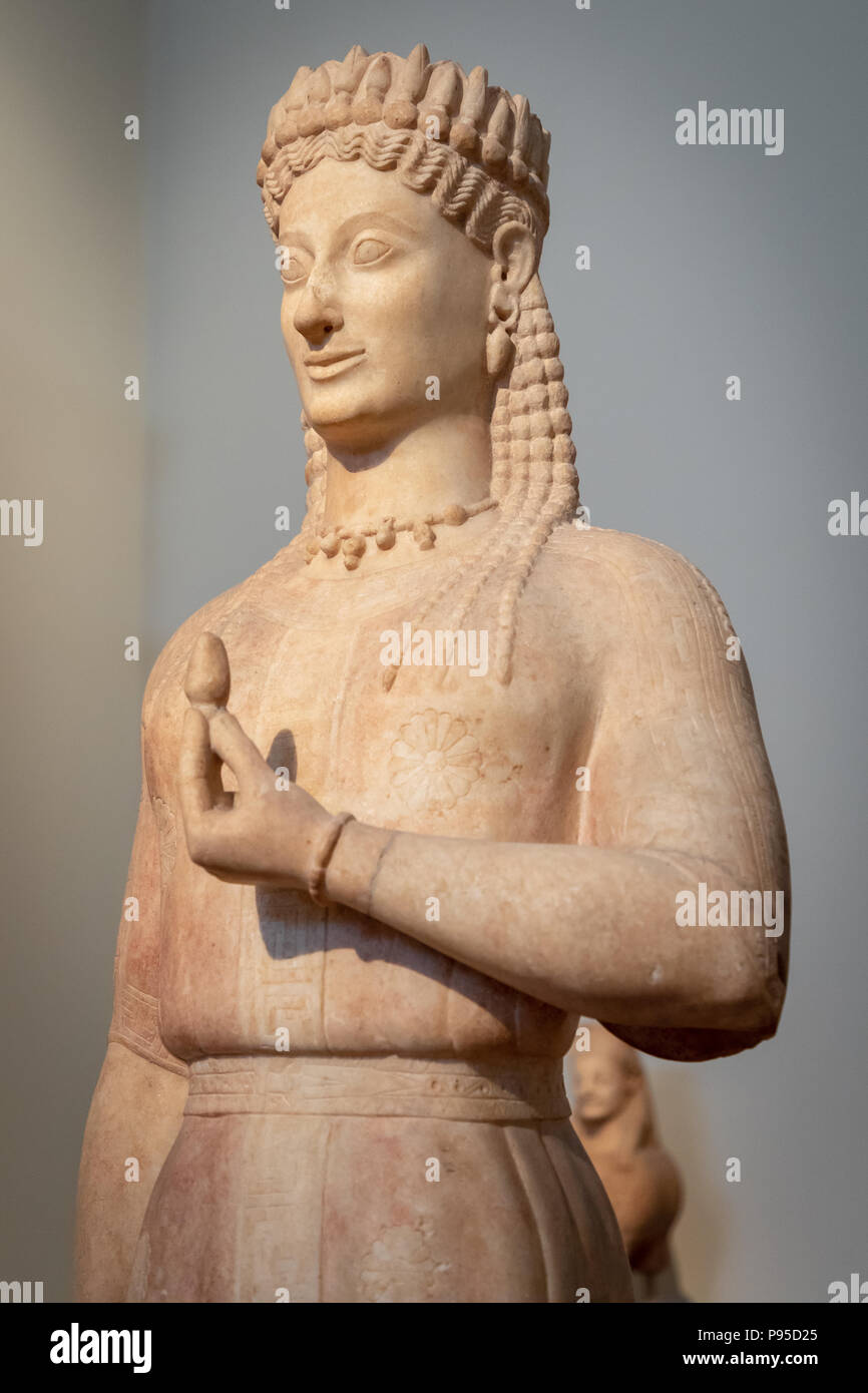 Statue of Kore, Parian Marble, Found in Merenda, Attica, Grave Marker of Phrasikleia, Archaic Style, Sculptor Aristion from Paros, 550-540 BC. Stock Photo