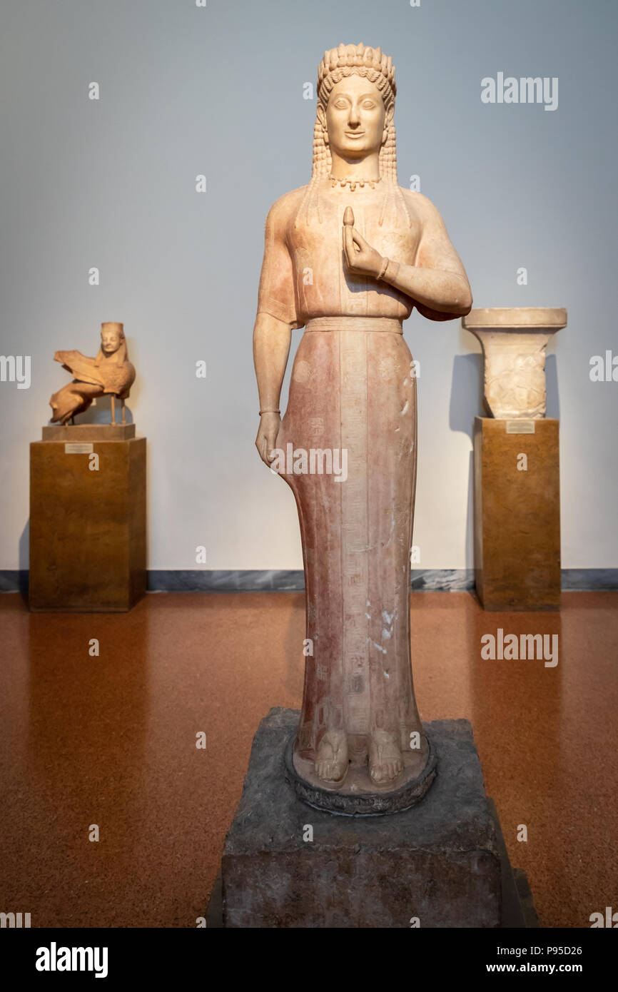 Statue of Kore, Parian Marble, Found in Merenda, Attica, Grave Marker of Phrasikleia, Archaic Style, Sculptor Aristion from Paros, 550-540 BC. Stock Photo