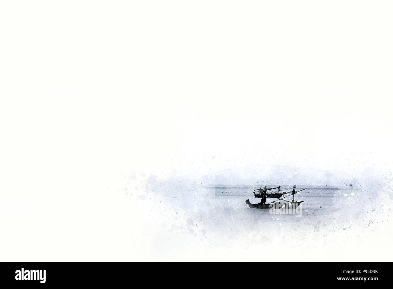 Long boat fishing in sea, Fishing boat on watercolor paining background. Thailand Stock Photo