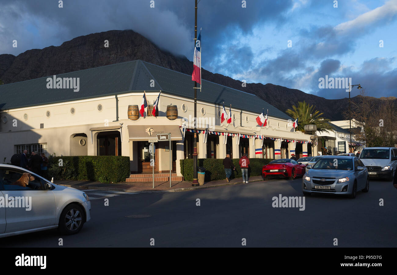 Franschhoek restaurant called Foliage is draped in French flags and colours celebrating Bastille day 14th July 2018 Stock Photo