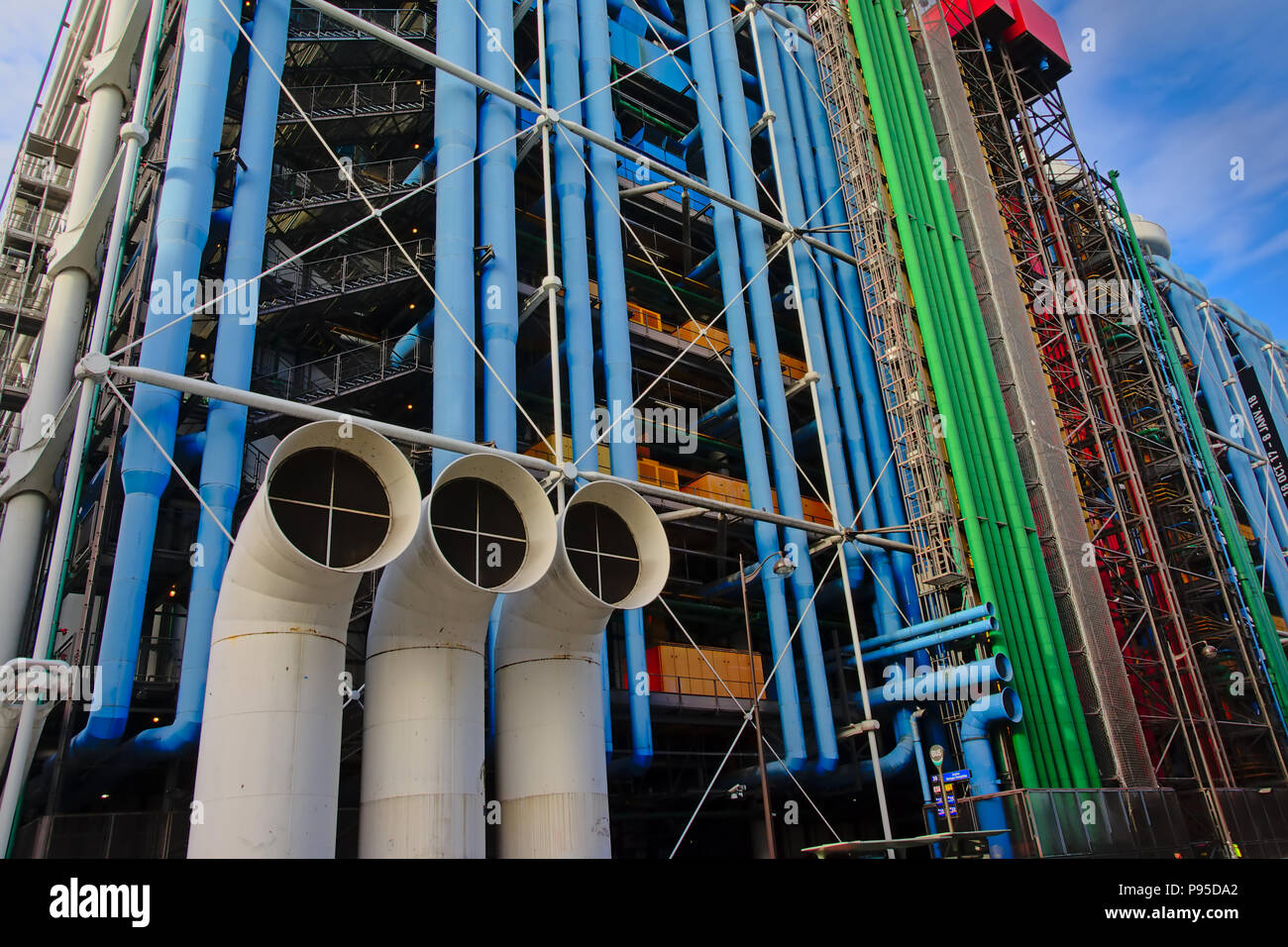 Detail of the Modern  high-tech architecture of the Centre Georges Pompidou, with colorfull pipes in Paris, France. The building was designed by archi Stock Photo