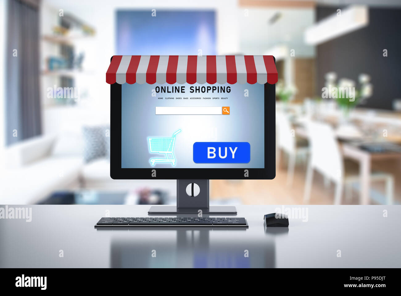 Desktop Shoping online shopping concept with 3d rendering desktop computer and awning ...