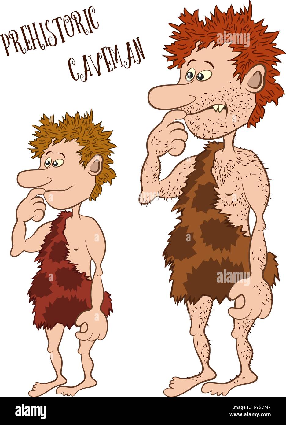 Cartoon Characters, Man and Boy, Father and Son, Prehistoric Caveman in Animal Skin, Isolated on White Background. Vector Stock Vector