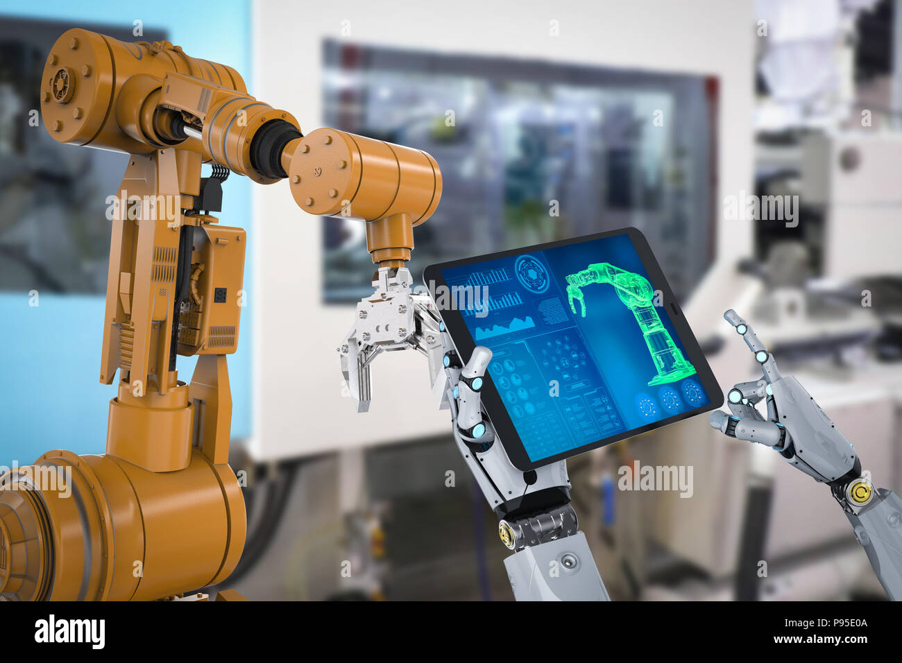3d rendering robot working with tablet in factory Stock Photo