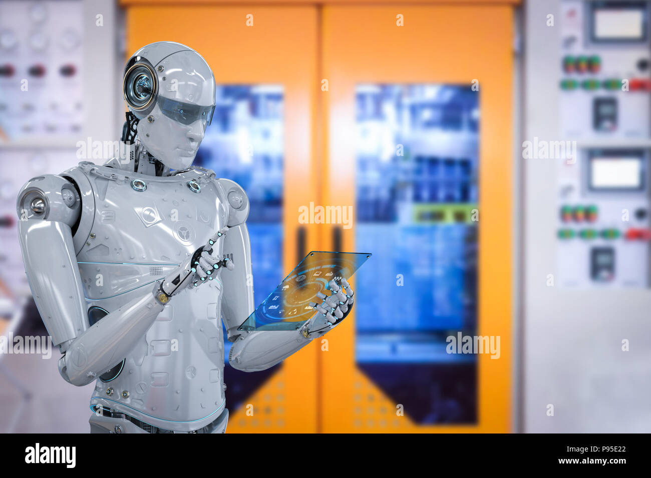3d rendering robot working with tablet in factory Stock Photo