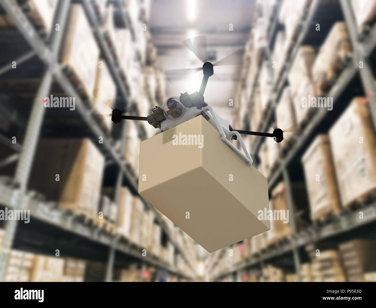 3d rendering delivery drone holding cardboard box in warehouse Stock ...