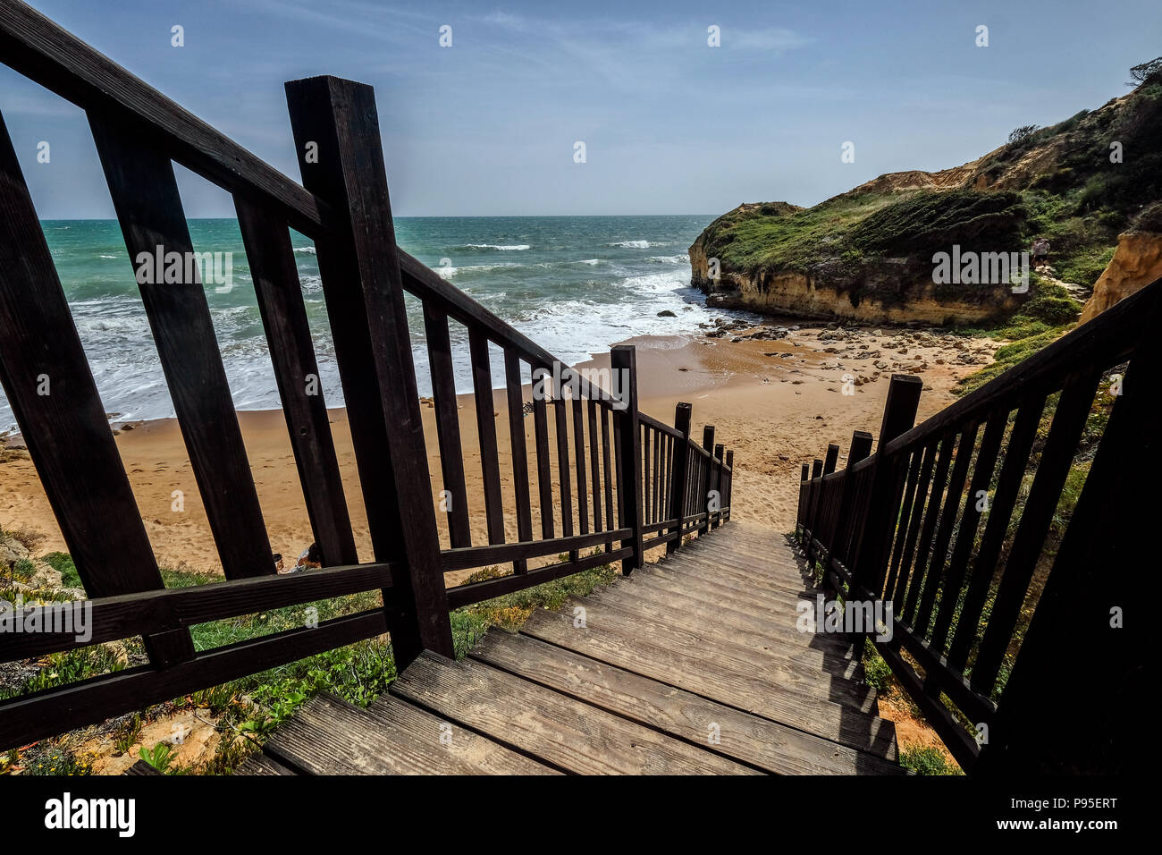 Wooden Stair to the Beach in Albufeira portugal Stock Photo