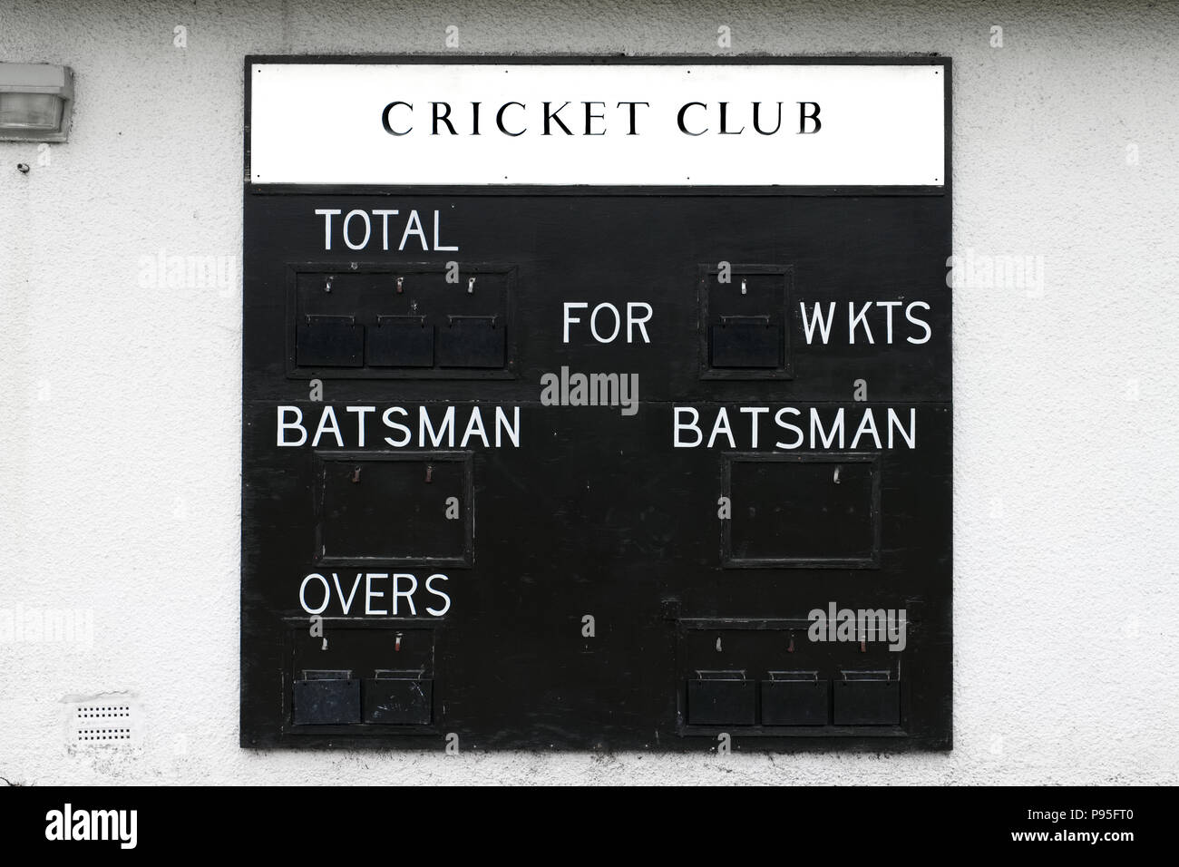 Cricket club score board blank batsman and wickets Stock Photo