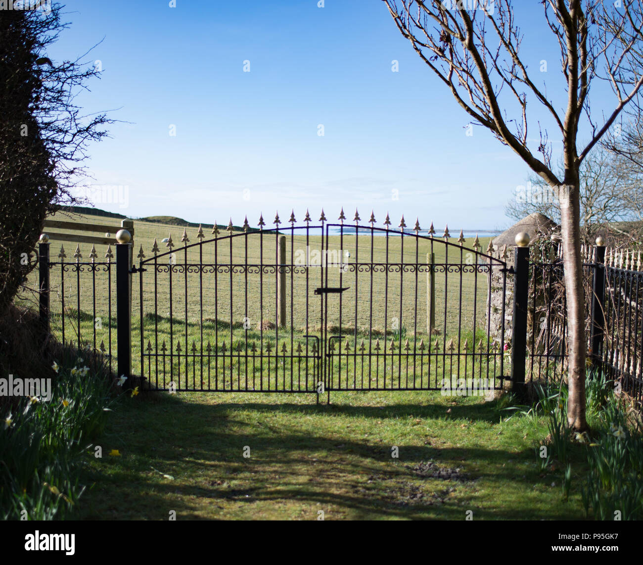 Black iron gate leading to a farmers field, sea in background Stock Photo