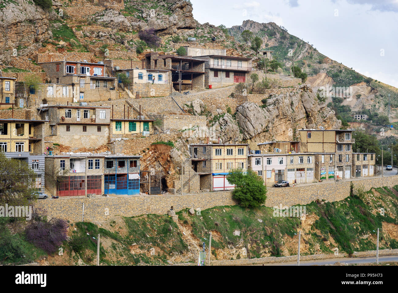 Howraman, Kurdistan Province, Iran - April 4, 2018: View on Howraman Valley with typical Kurdish village in Zagros Mountain Stock Photo