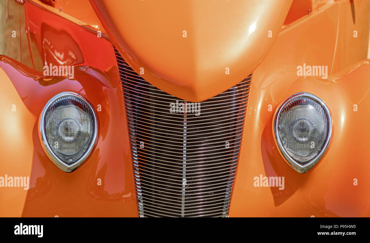 detail image  of the front of a custom 1930s hot rod at a car show Stock Photo