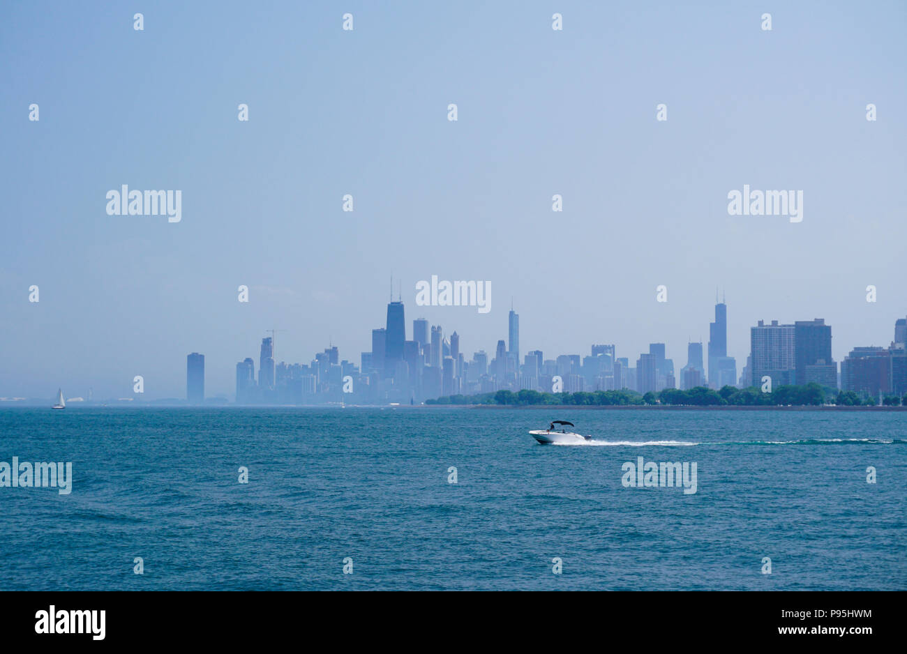 Montrose Harbor view of Chicago skyline on Lake Michigan, Chicago