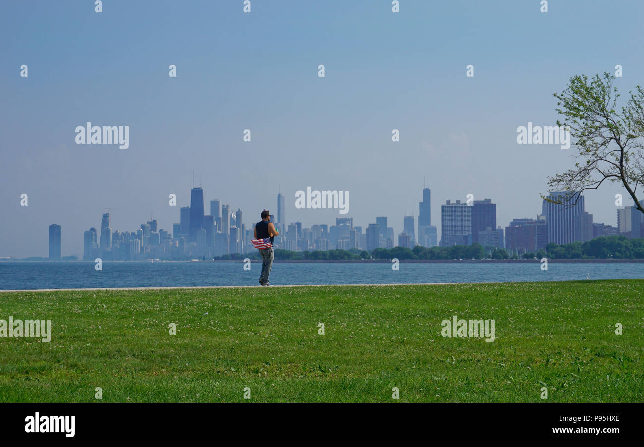 Montrose Harbor view of Chicago skyline on Lake Michigan, Chicago