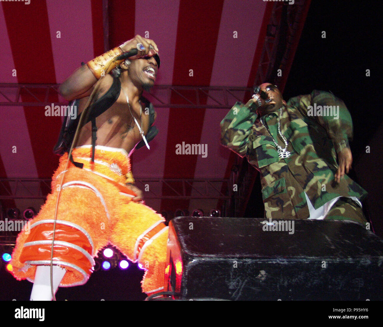 COLUMBIA, SC - April 6:  Andre Benjamin (aka Andre 3000) and Antwan "Big Boi" Patton of Outkast perform at 3 Rivers Music Festival in Columbia, South Carolina on April 6, 2002. CREDIT: Chris McKay / MediaPunch Stock Photo