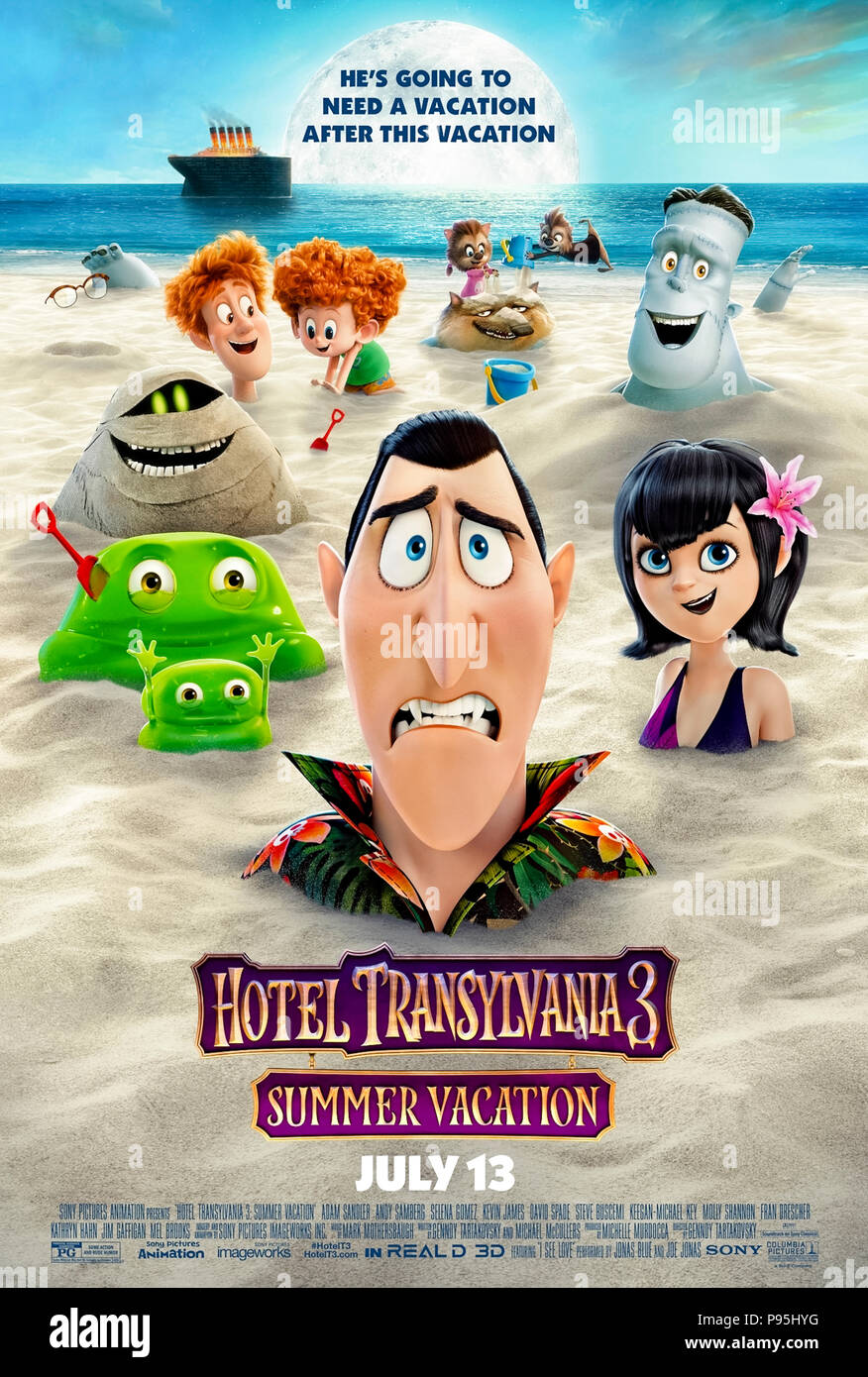 Hotel Transylvania 3: Summer Vacation (2018) directed by Genndy Tartakovsky and starring Adam Sandler, Andy Samberg, Selena Gomez and Steve Buscemi. Count Dracula returns and finds romance whilst on holiday. Stock Photo