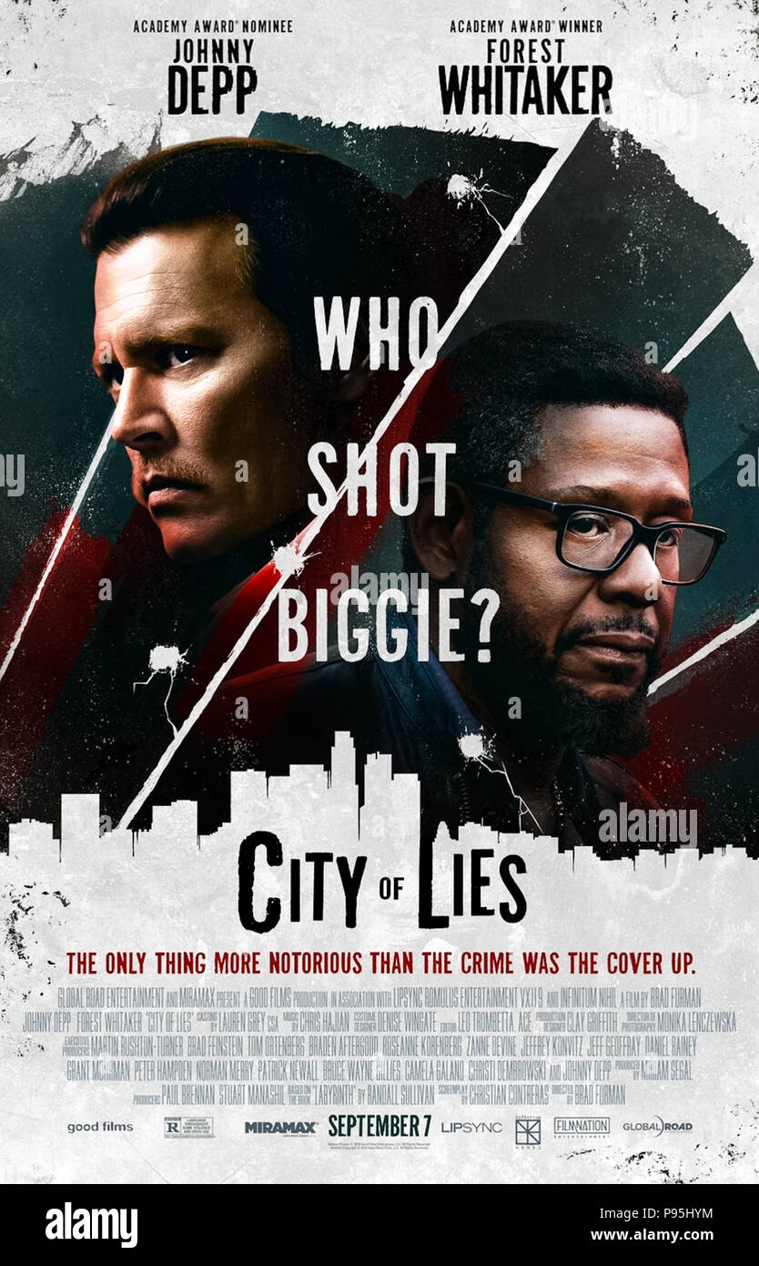 City of Lies (2018) directed by Brad Furman and starring Johnny Depp, Forest Whitaker, Toby Huss and Melanie Benz. Crime drama based on the murders of rappers Tupac Shakur and Notorious BIG. Stock Photo