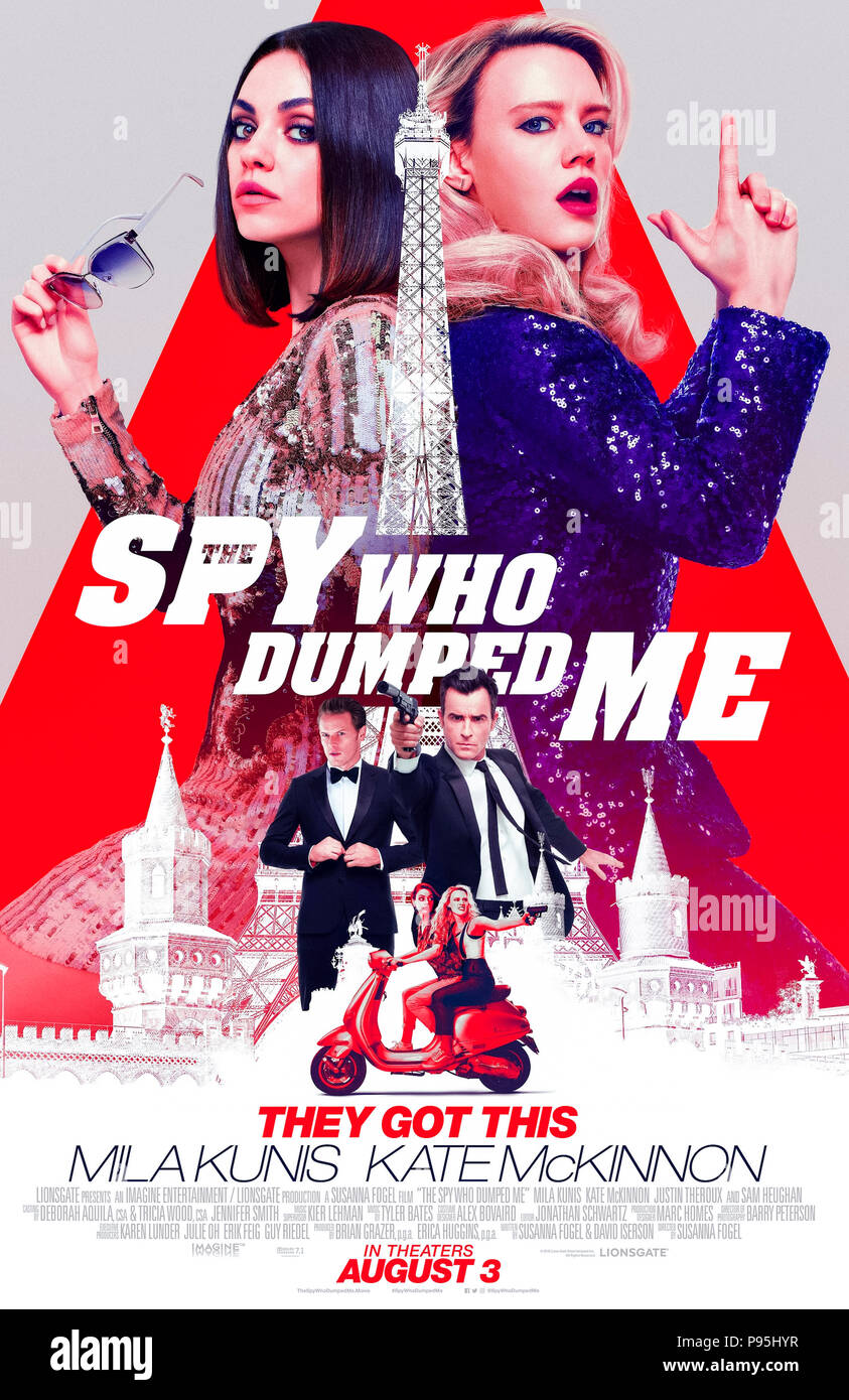 The Spy Who Dumped Me (2018) directed by Susanna Fogel and starring Mila Kunis, Sam Heughan, Kate McKinnon and Gillian Anderson. Audrey and Morgan unwittingly become part of an international conspiracy when they discover and ex-boyfriend is a spy on the run. Stock Photo