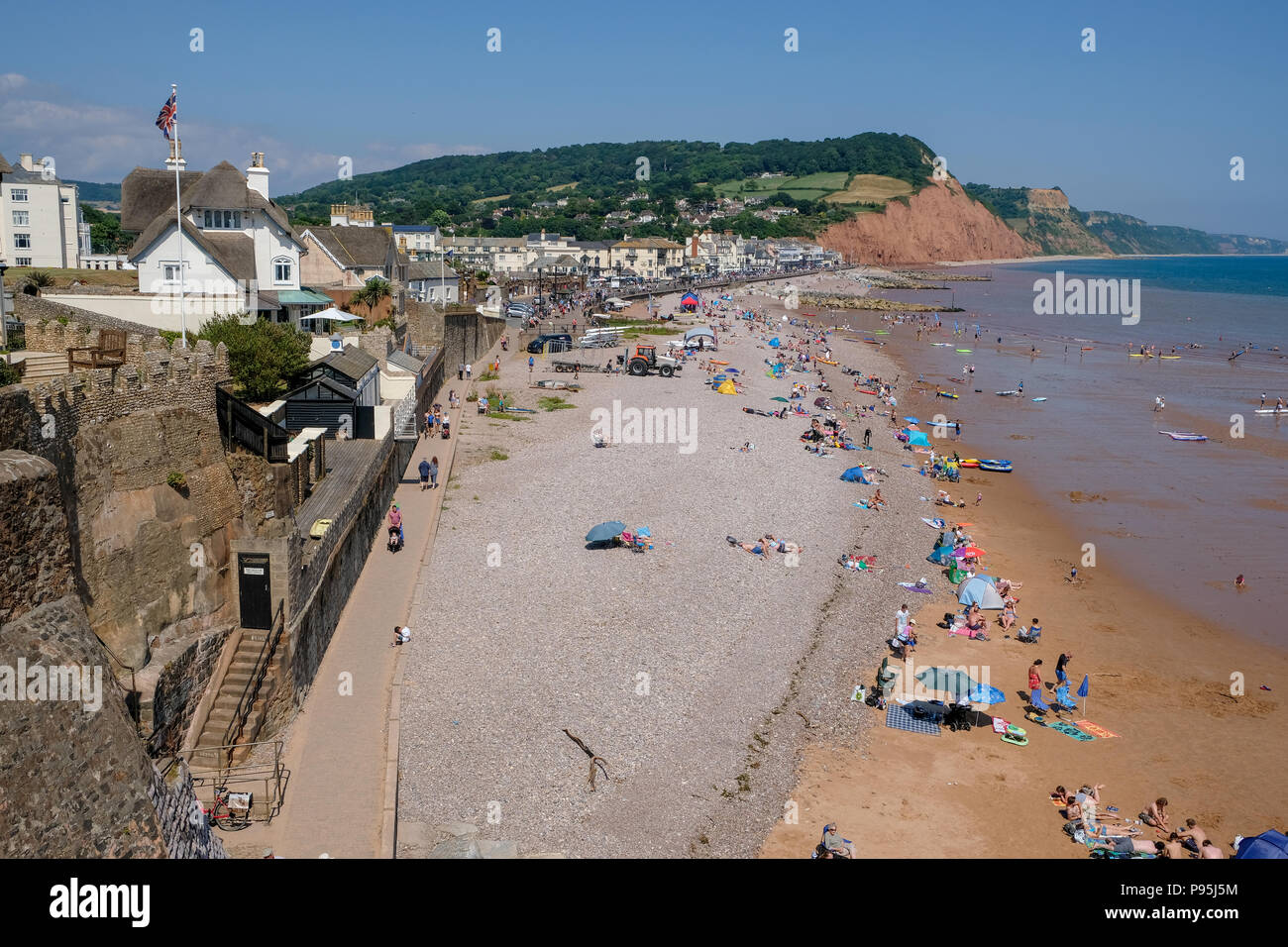 View of Sidmouth beach looking east towards Salcombe Hill, East Devon, UK Stock Photo