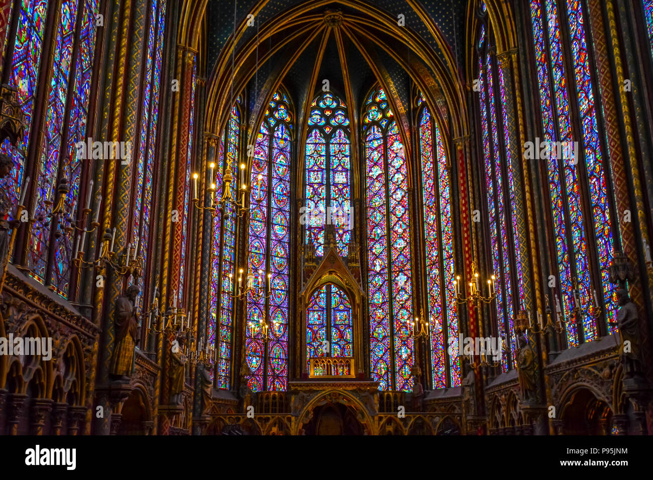 The Chapel section on the upper level of the gothic Sainte-Chapelle Royal Chapel located in the medieval Palais de la Cite in Paris France Stock Photo