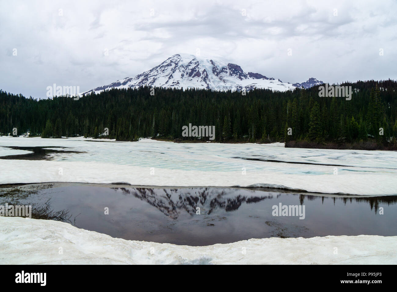 View of Mt. Rainier at Reflection Lakes which are partially frozen, early summer, Mount Rainier National Park, WA, Usa. Stock Photo