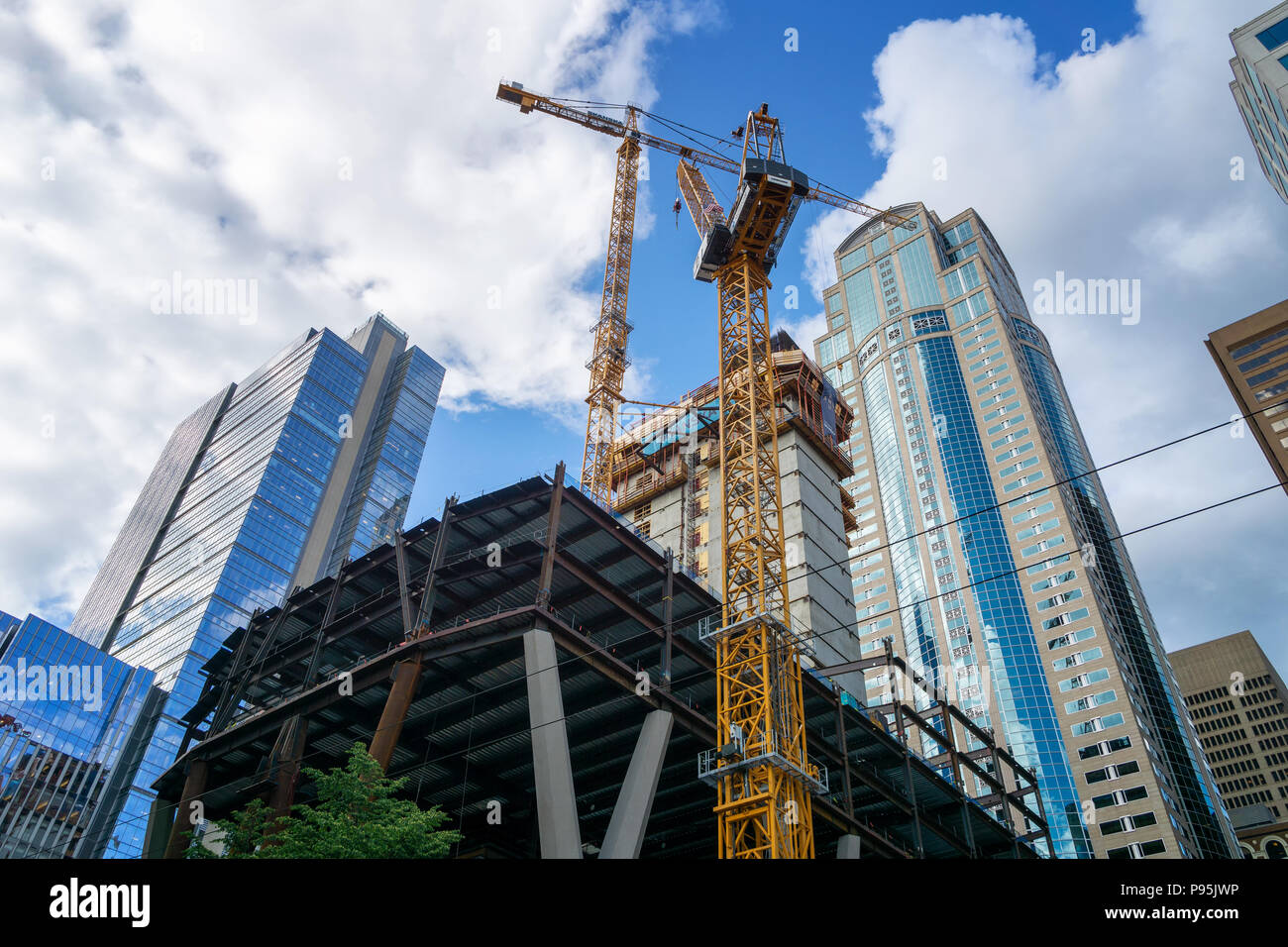 Skanska's 2+U Towers construction site in downtown Seattle. 2&U will be a high rise office building to be completed in 2019. WA, USA, June 2018. Stock Photo