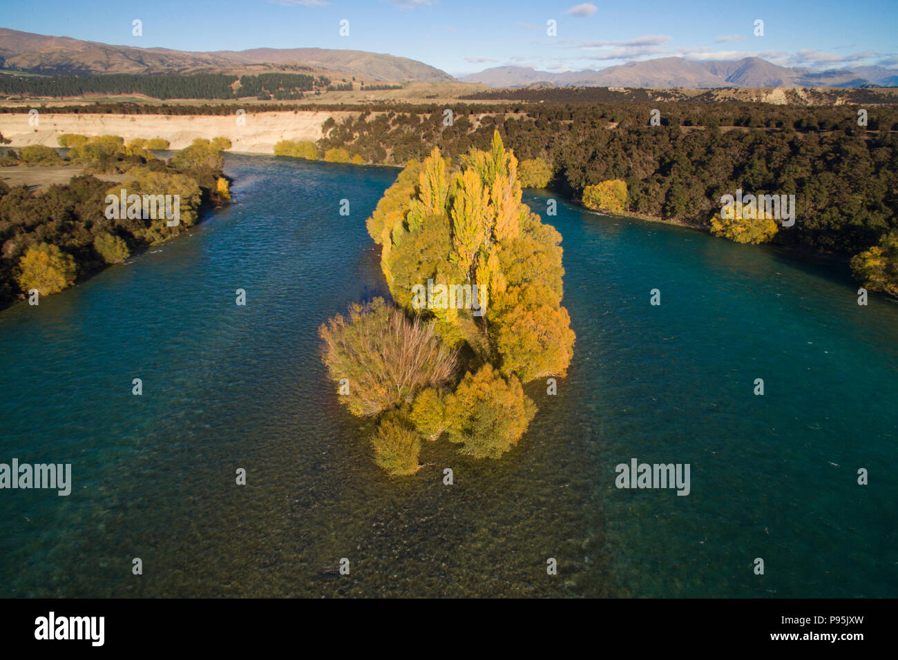 Aerial view of the Clutha River, Otago, New Zealand in Autumn Stock Photo