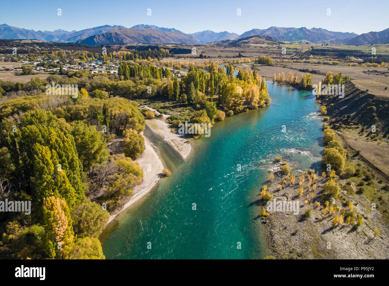 Aerial view of the Clutha River, Otago, New Zealand in Autumn Stock Photo