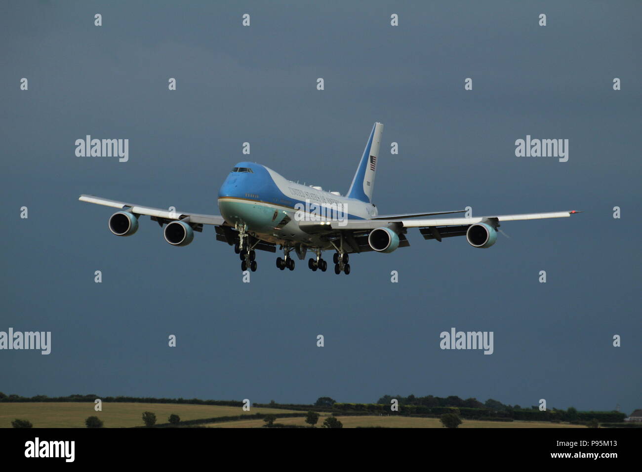 With the President of the United States Donald Trump on board, Air Force 1 (92-9000) arrives at Prestwick International Airport in Ayrshire Stock Photo