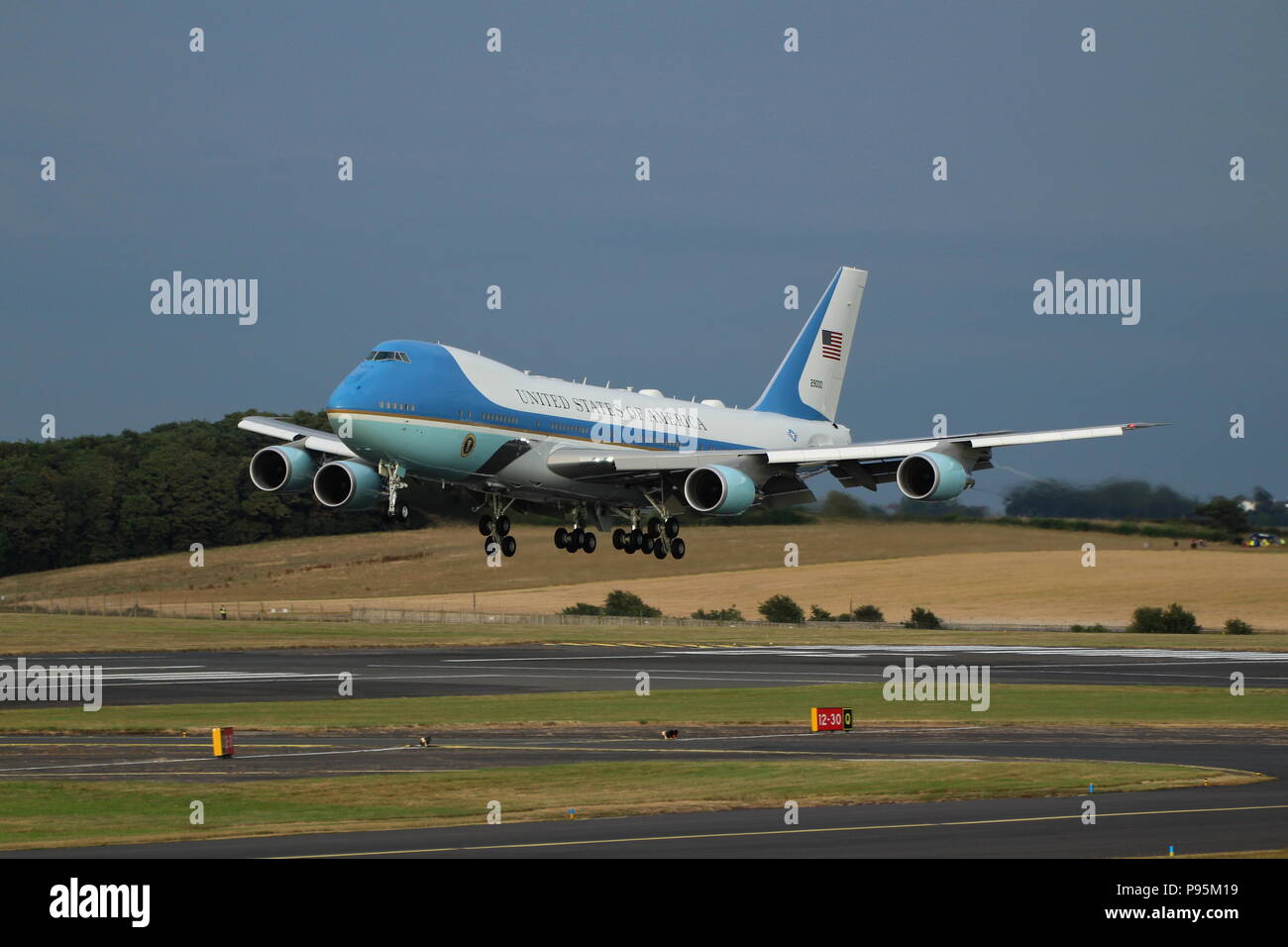 With the President of the United States Donald Trump on board, Air Force 1 (92-9000) arrives at Prestwick International Airport in Ayrshire Stock Photo