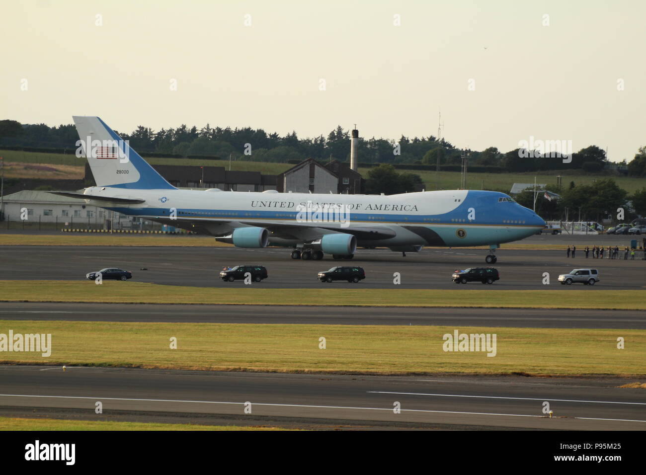 The motorcade for President Donald Trump and his entourage, after arriving at Prestwick Airport on Air Force 1 (Boeing VC-25A 92-9000). Stock Photo