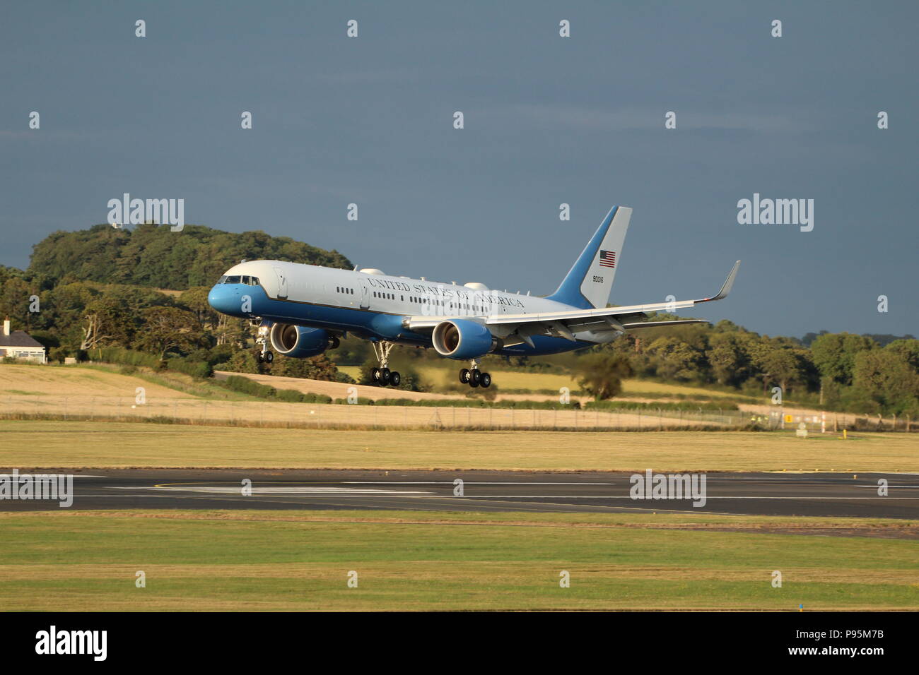 Shortly after President Donald Trump's arrival at Prestwick Airport in Ayrshire on Air Force 1, his entourage followed in this Boeing C-32 (09-0016). Stock Photo