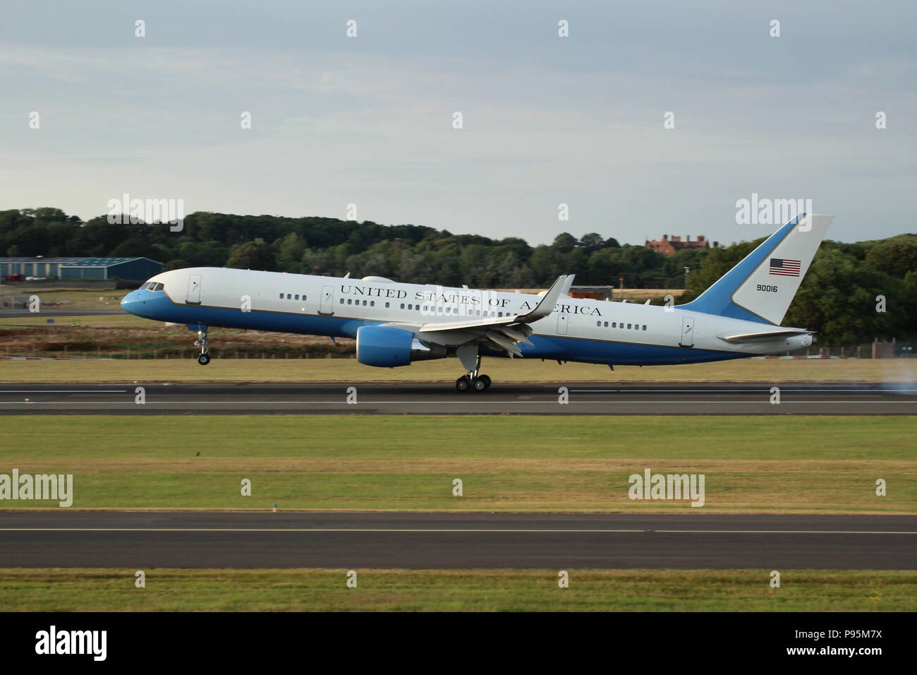 Shortly after President Donald Trump's arrival at Prestwick Airport in Ayrshire on Air Force 1, his entourage followed in this Boeing C-32 (09-0016). Stock Photo