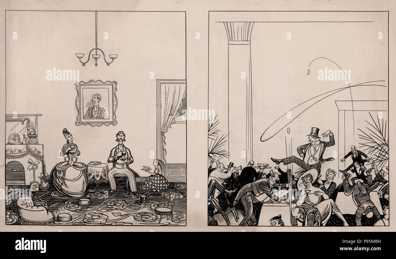 Two-panel cartoon. The 1867 panel shows a proper Victorian family -- father, mother, and little girl -- in their parlor, taking tea. The 1917 panel shows a riotous party in a restaurant with champagne corks popping, a man dancing on the table, two men playing leapfrog, and a heavy lady in a strapless dress drinking champagne. Stock Photo