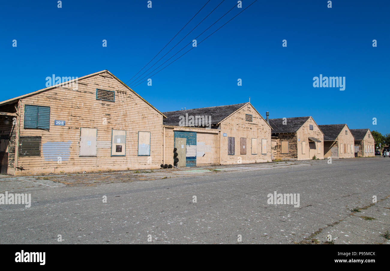 Abandoned boarded up military buildings of Naval Station Treasure