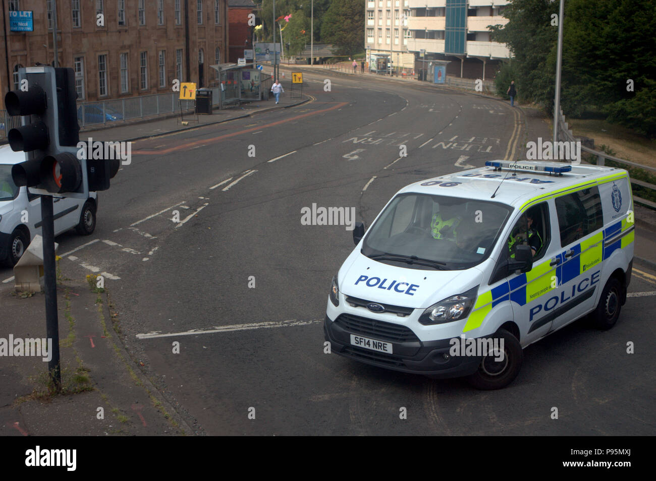 police  van cordon at cowcaddens subway blocking  road access  garscube road Glasgow Stock Photo