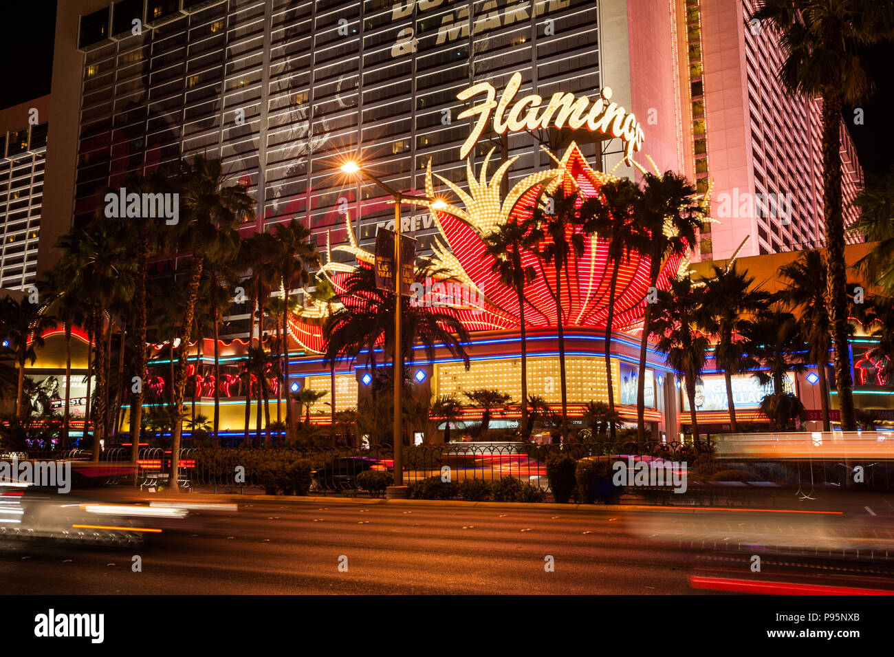 Las Vegas, Nevada, United States - May 27, 2013: Night exposure of the neon sign above the entrance to the landmark Flamingo Hotel and Casino. Stock Photo