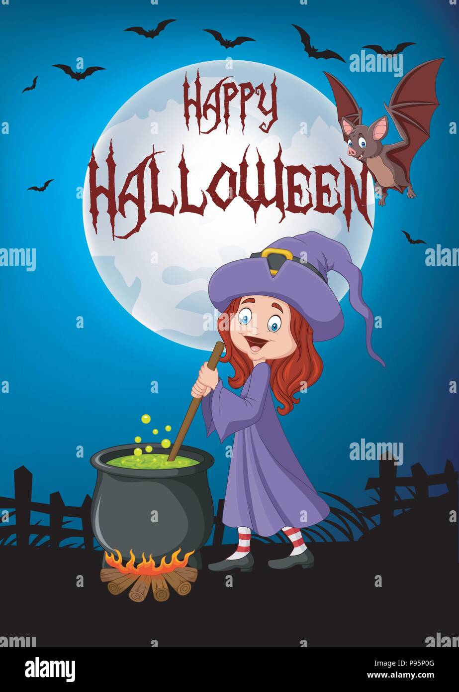 Cartoon little witch preparing potion with halloween background Stock Vector