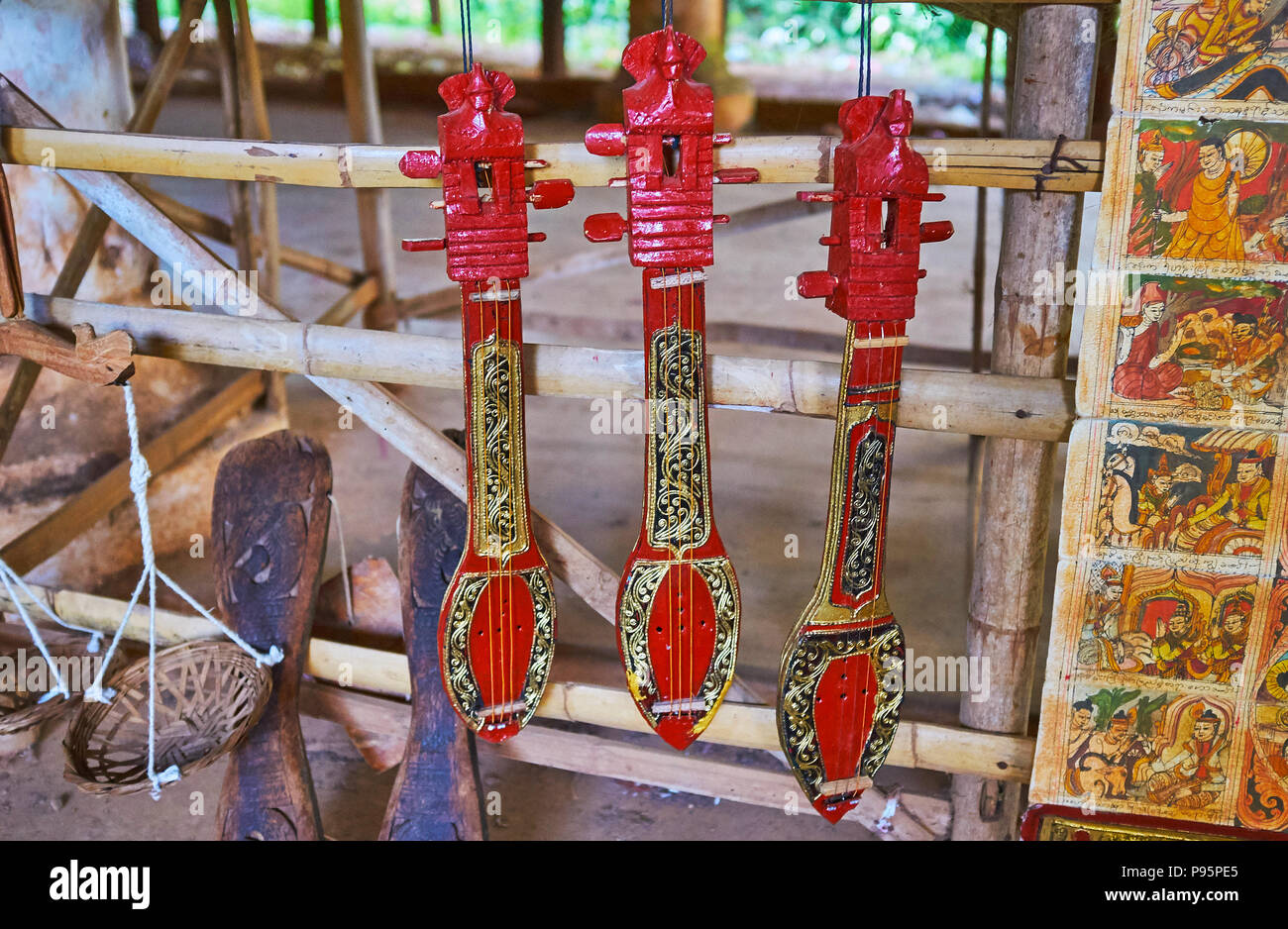 Traditional Burmese string musical instruments in market of Inn Thein