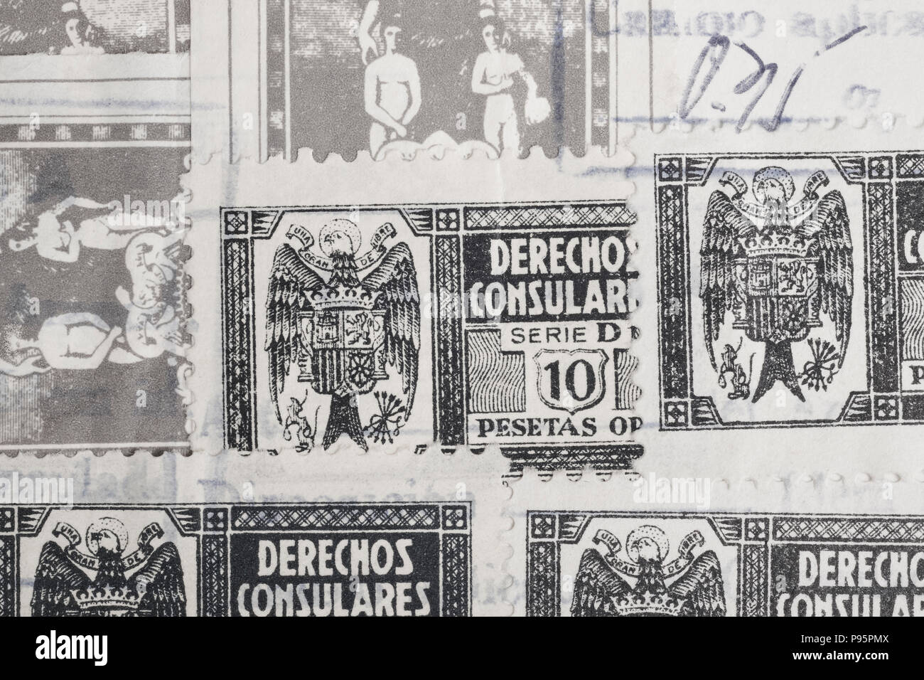 Antique spanish stamps with postmarks. Vintage historic philately