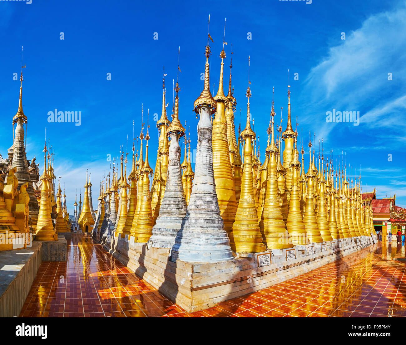 INN THEIN, MYANMAR - FEBRUARY 18, 2018: The group of golden stupas of ...