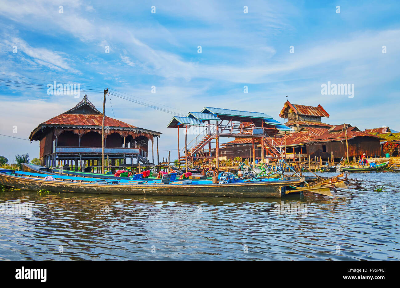 The wooden stilt building of oldest on Inle Lake monastery  - Nga Phe Chaung, also named Monastery of Jumping Cats, Ywama, Myanmar. Stock Photo