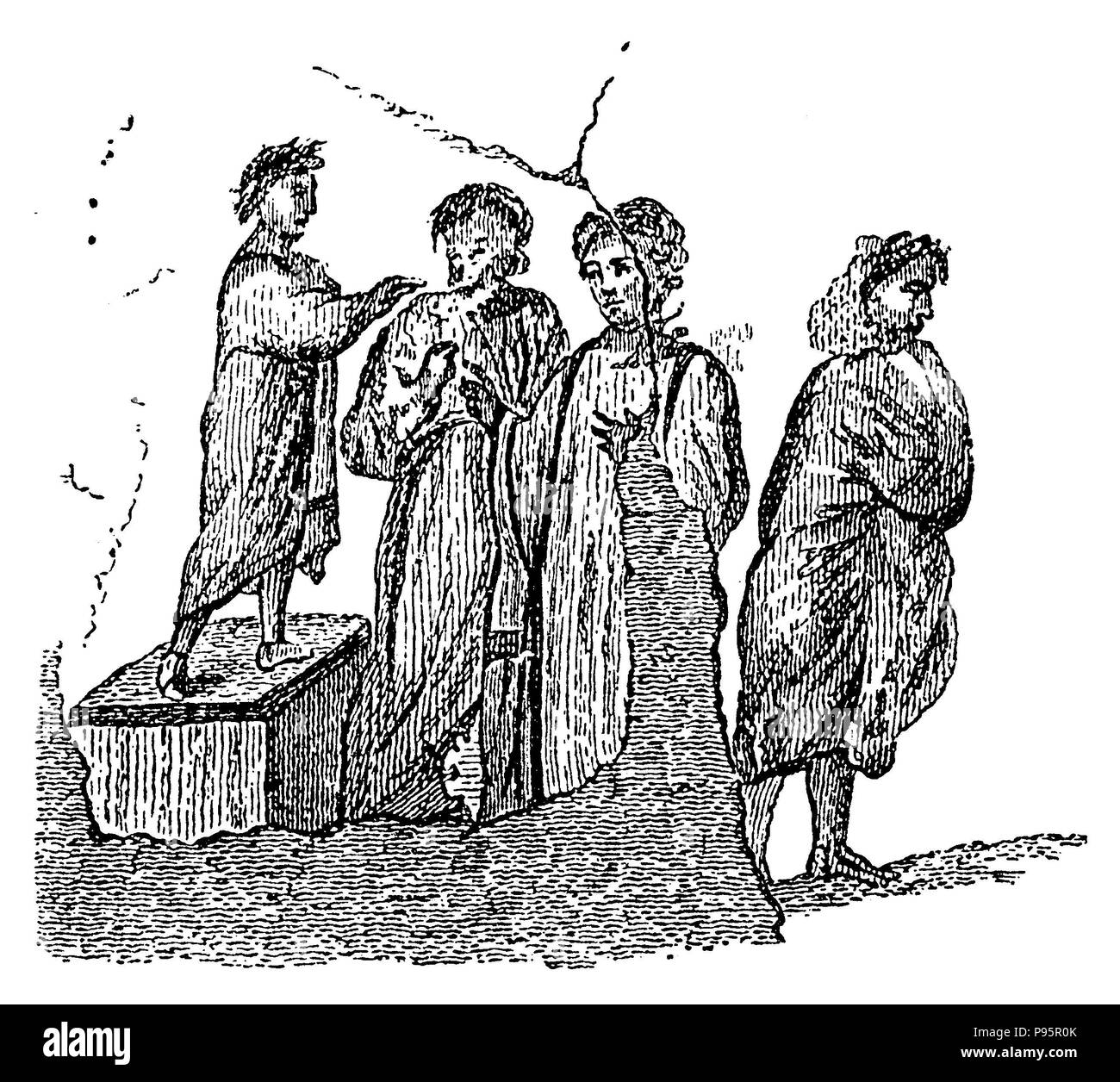 Christians as defendants before the judge. Early Christian depiction in S. Callisto to Rome from the middle of the 3rd century,   1899 Stock Photo