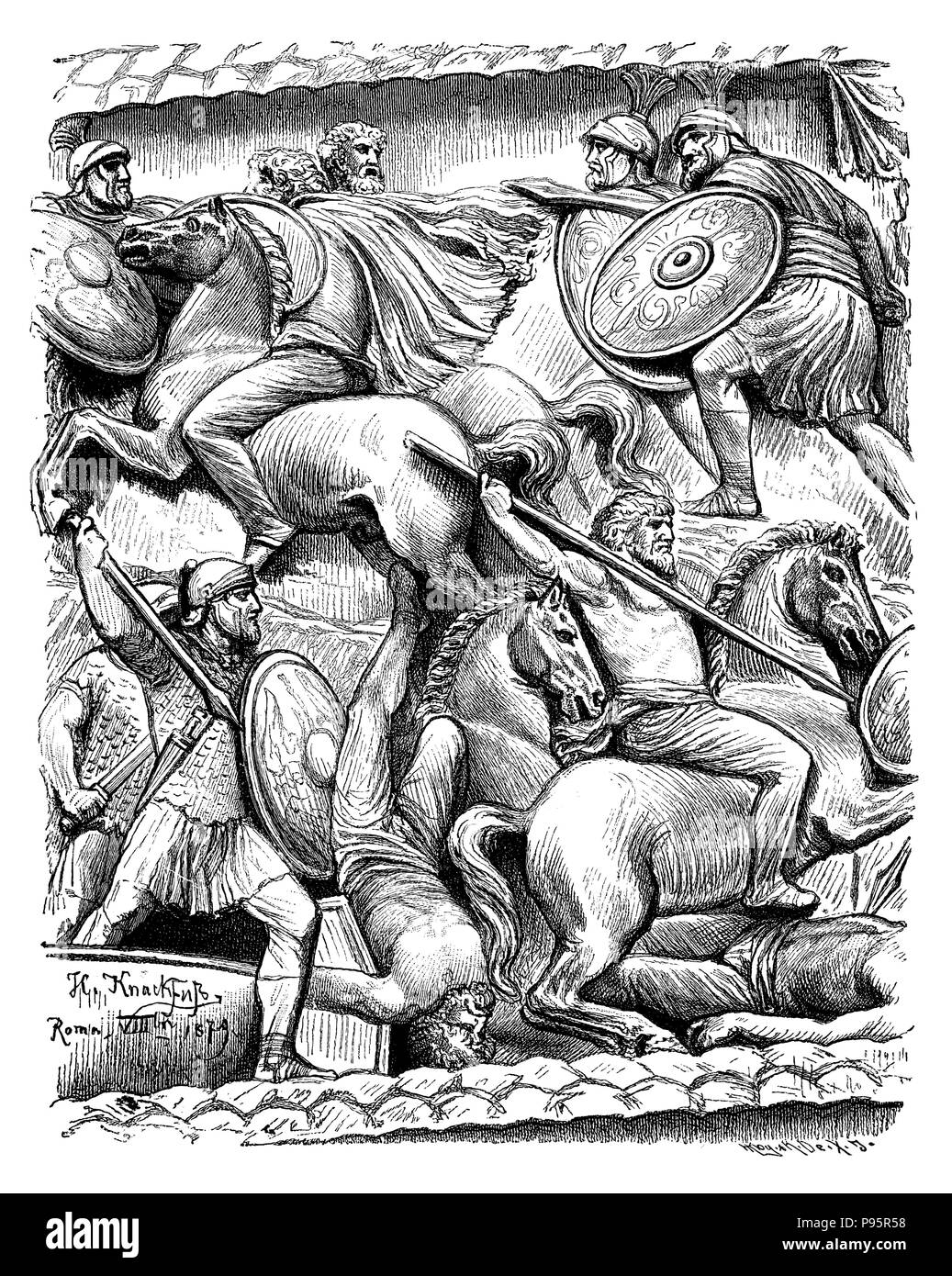 Germanic horsemen fighting with Roman legionaries. Relief of the Colonna Antonina in Rome, H. Knackfuß  1899 Stock Photo