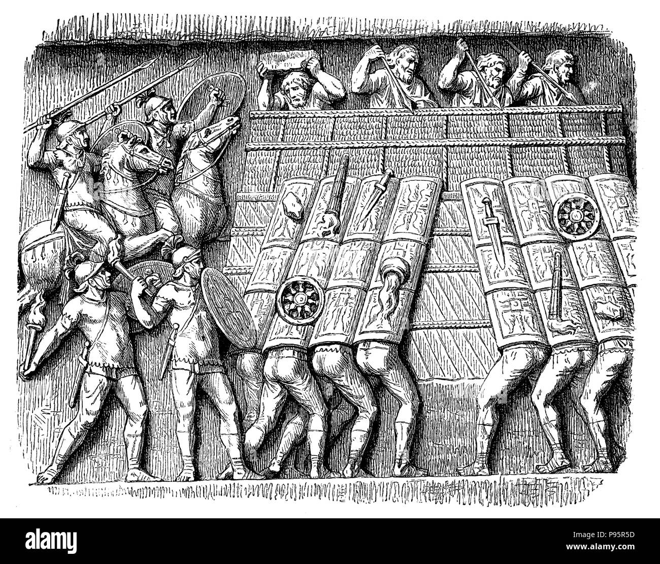 Germanic fortification, besieged by Roman soldiers. From the Victory Column Marcus Aurelius to Rome, 1899 Stock Photo