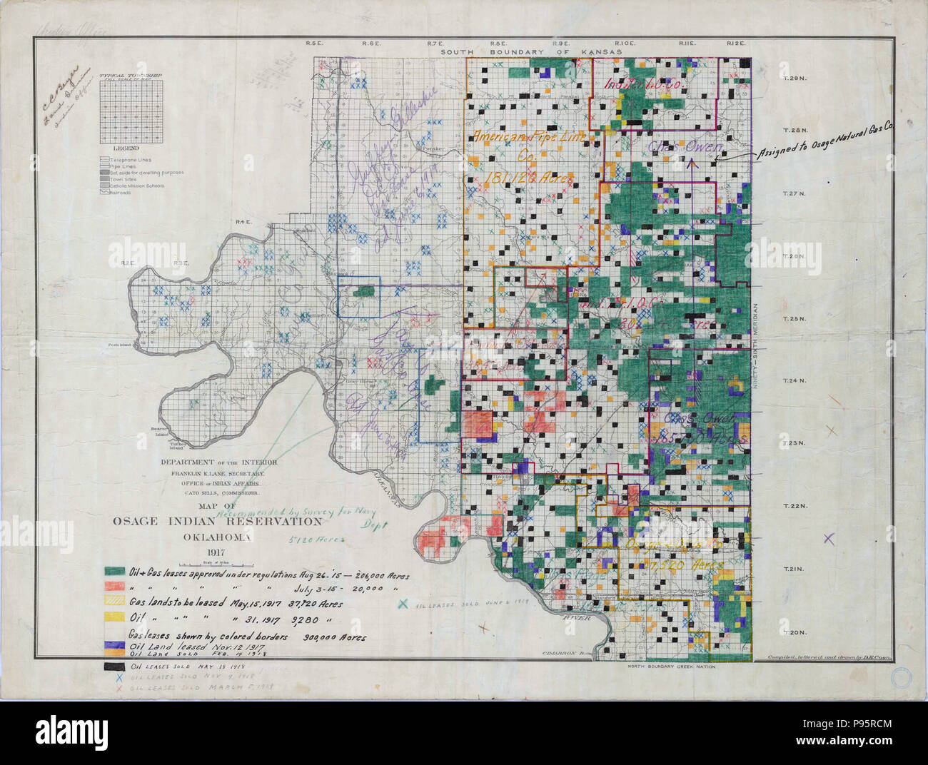 Map of Osage Indian Reservation 1917 w gas and oil leases Stock Photo 