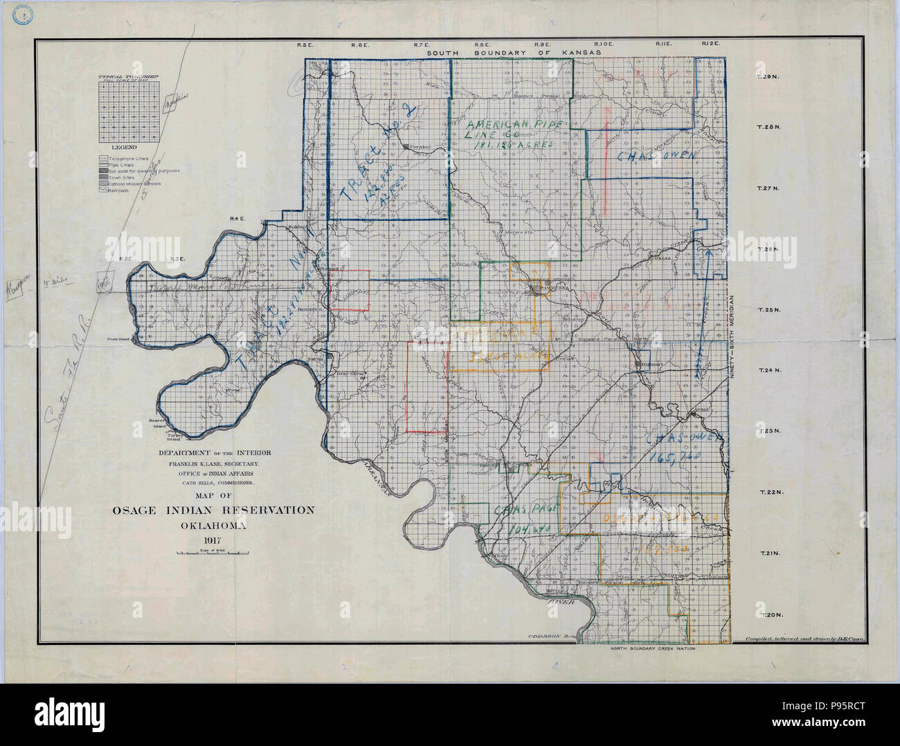 Map of Osage Indian Reservation 1917 Stock Photo